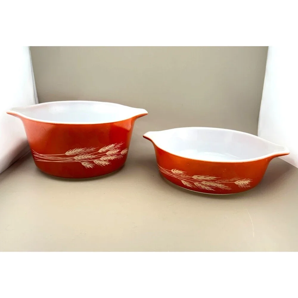 Vtg PYREX 2pc Autumn Harvest Wheat Nesting Casserole Dish Bowls 473-B 471-B Rust